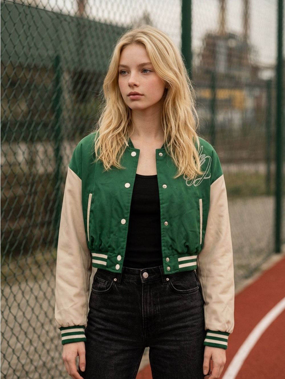 Forever 21 Green and Cream Cropped Varsity Jacket